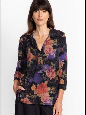 Johnny Was  Bossa Nova Floral Print Black V-Neck Women's Top -